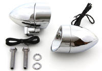 Chrome torpedo style lamp set features 12 volt 50 watt clear halogen single filament bulb and clear lens. Measures 4" X 2-5/16". Mount stud is 1-3/4" x 16 TPI.